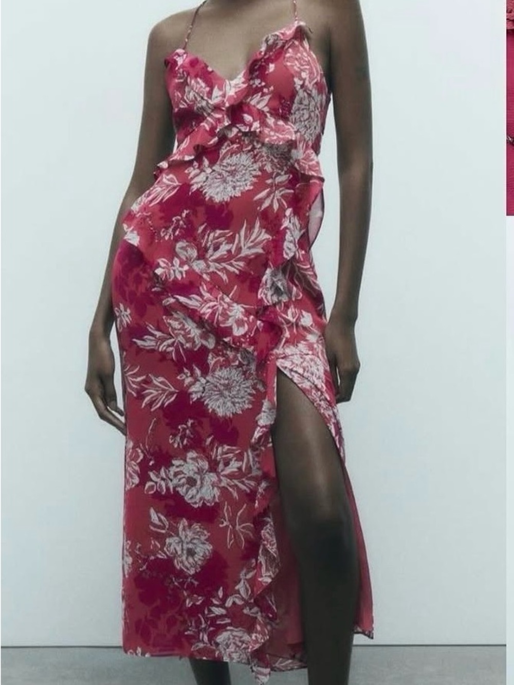 Zara Pink Floral Ruffle Midi Slip Dress cross back size large